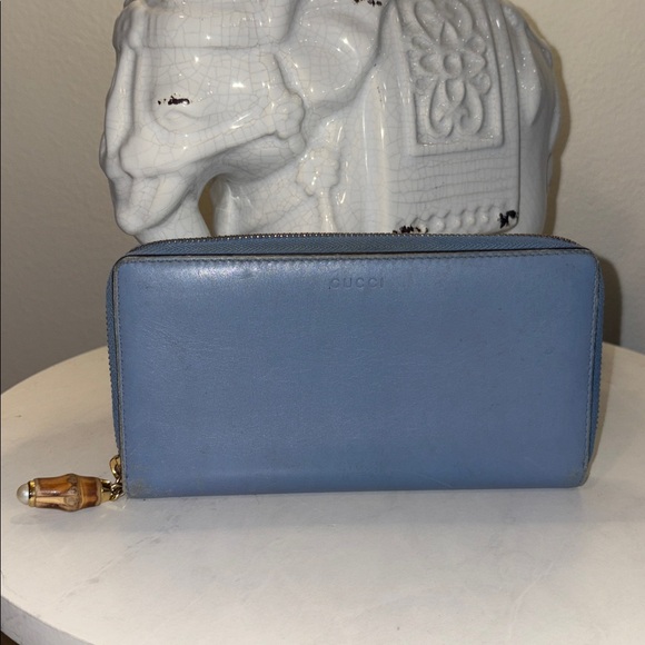 GUCCI Bamboo Zip Around Light Blue Long Wallet